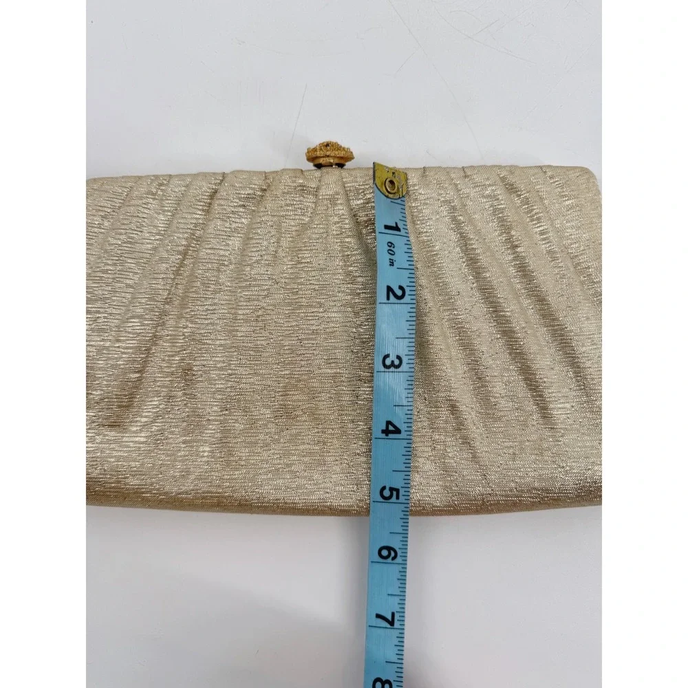 Vintage Gold Metallic‎ Pleated Evening Clutch Bag Rhinestone Clasp Chain Strap